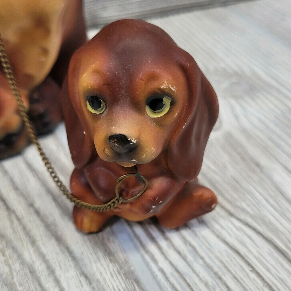Vintage Dog Figurine Set Brown Mother and Puppies on Chain MCM Kitsch Decor